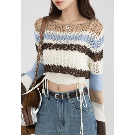 2023 Winter Sweet Casual Y2K Knitting Long Sleeve Striped Print Pullovers Korean Fashion Women Chic Sheath Ladies Warm Sweater