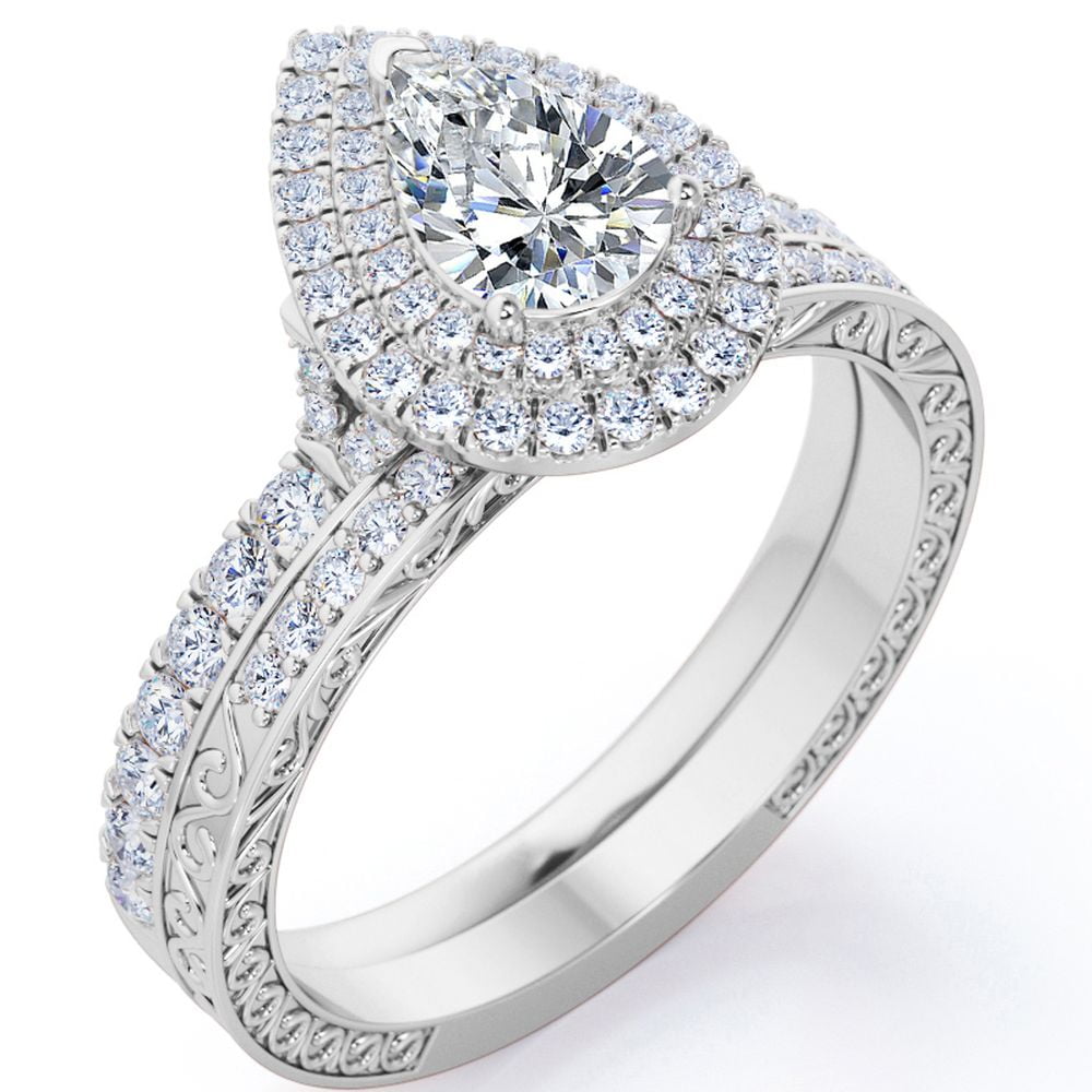 JeenMata Edwardian Decorative 1.25 Carat Pear Shaped Dual Halo Style Bridal Set in 18K White Gold Plating over Silver