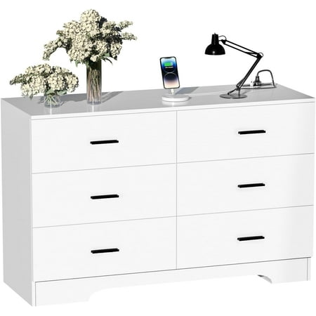 Dresser with Power Outlets Wooden 6 Drawer Dresser with USB and Type C Port Chest of Drawers for Bedroom Tall White Dresser Storage for Living Room Hallway Closet