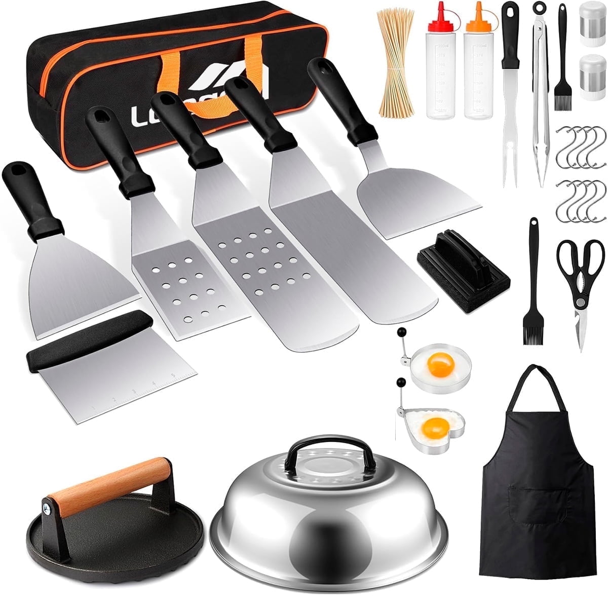 130 Pcs Griddle Accessories Set with Long/Short Spatulas Scraper & Basting Cover, Stainless Steel Grill Cooking Kit for Teppanyaki Camping - Griddle Accessories Kit for Men Women