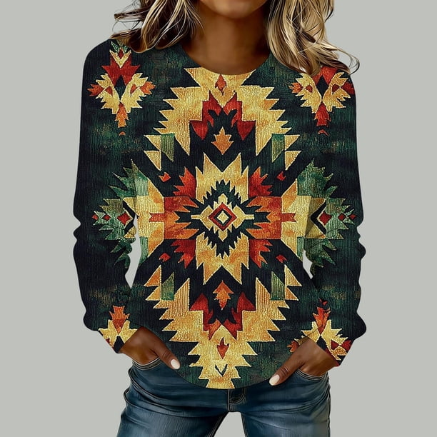 TaTaai Ladies Retro Western Print Round Neck Long Sleeve Sweatshirt Fashion Casual Regular Shoulder Loose Top Soft for Daily Party Work Vacation Gift
