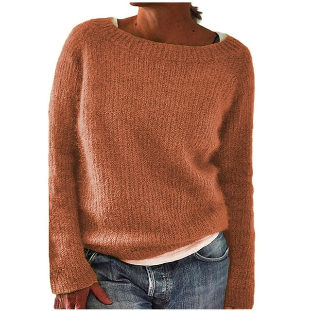 GPOECD Style Rétro Col Bateau Manches Longues Léger Chandail Tricoté Basique Ample pour Femmes Automne et Hiver 02_Orange,m