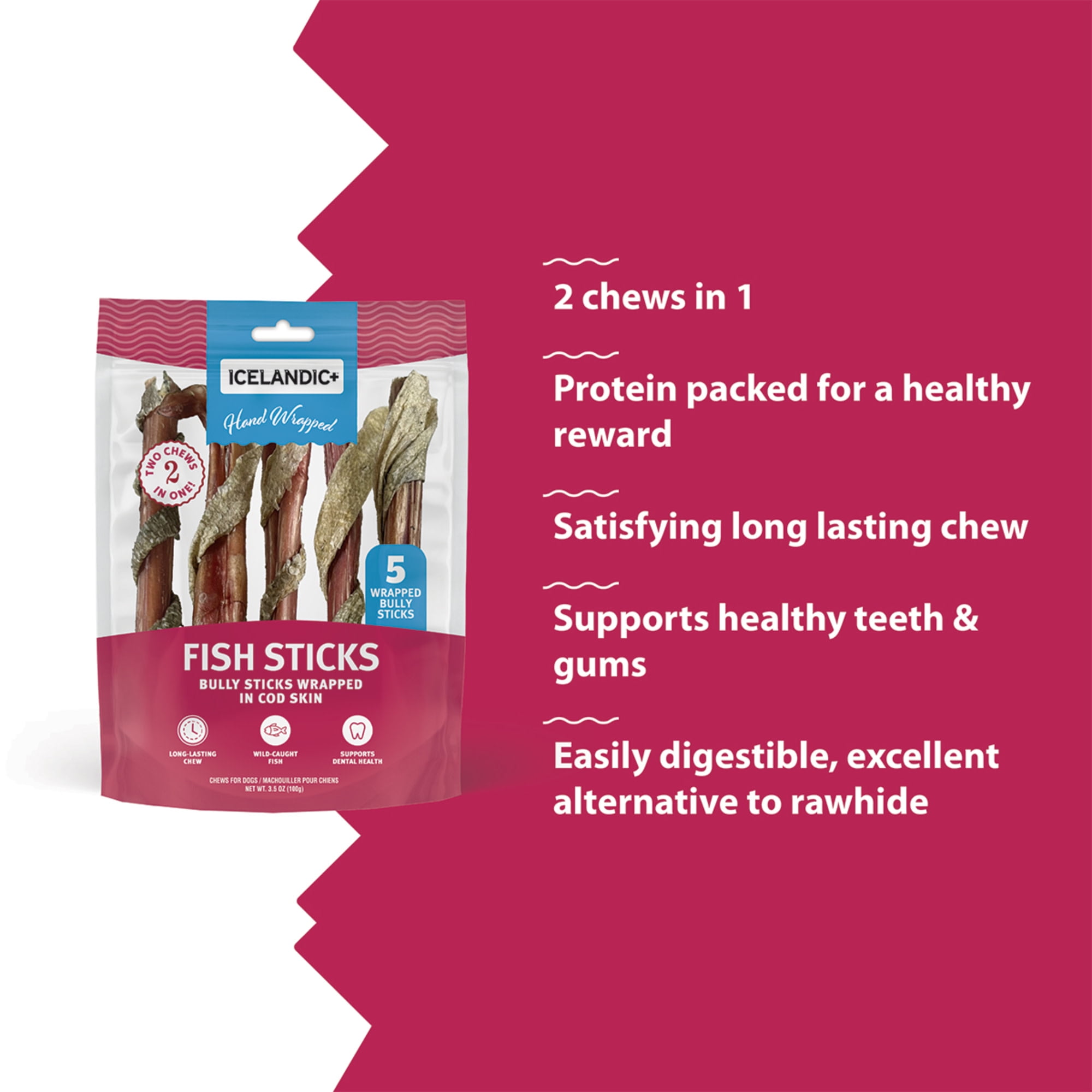Icelandic+ Fish Sticks - Bully Stick Wrapped In Cod Skin - 5 Pack, 6" - Dog Treats, 2 Ingredient Chews, Hand-Wrapped Wild-Caught Fish, Pet Snacks
