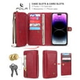 thumbnail image 5 of Dteck for iPhone 15 Pro, Zipper Pocket Wallet Case, Multifunction Magnetic Detachable PU Leather Card Slot Kickstand Case with Wrist Strap, Red, 5 of 5