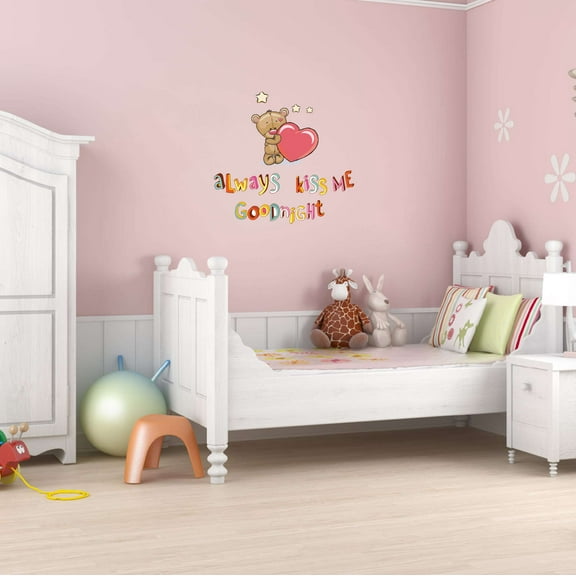 Teady Bear Always Kiss Me Goodnight Hugs Kisses Girls Love Beautiful Crown Prince Unicorns Royalty Sweet Dreams Decorating Holiday Gift Ideas Bedroom Wall Decal Sticker - Size: 30 In X 27 In