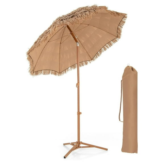 6.5FT Tiki Patio Umbrella with Base - Hawaiian Beach Umbrella, Tilt & Foldable Stand, Tropical Palapa Grass Pool Umbrella for Backyard, Garden, Beach