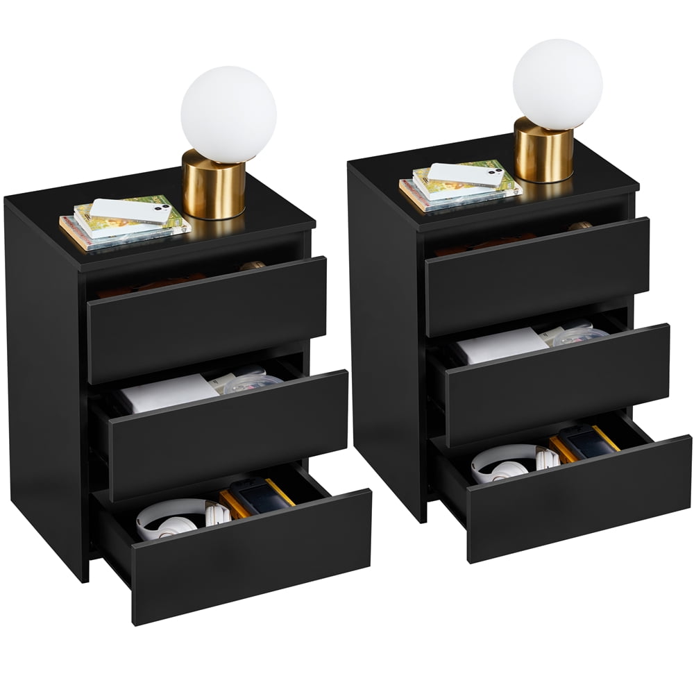 Topeakmart 24"H Vertical Wooden Nightstand with 3 Drawers for Bedroom, Set of 2, Black