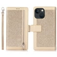 thumbnail image 7 of Wallet Case for iPhone 14 Shining Zipper Pocket Cover, Glitter Sparkle Luxury PU Leather Magnetic Flip Folio Case with Card Slots Kickstand Wrist Hand Strip Shockproof Case, Gold, 7 of 7