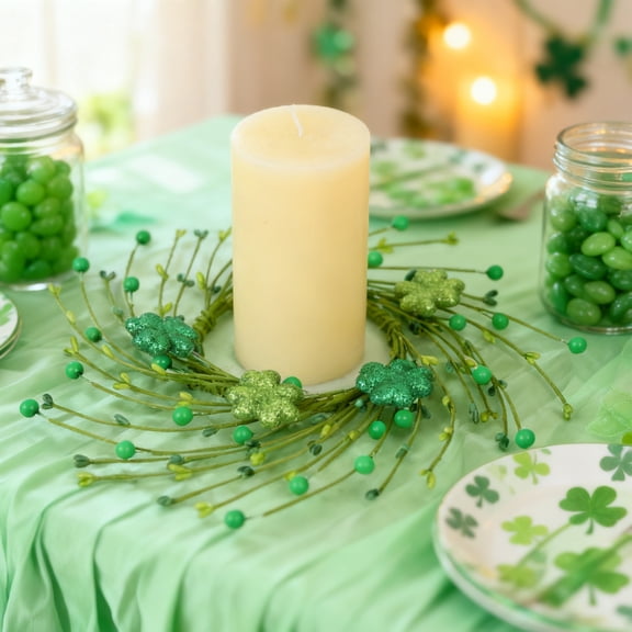 St. Patrick's Day Clover Candle Holder Centerpiece - Festive Table Decor with Berry Accents for Holiday Dinner Party, Spring Themed Home Decoration for Mantel Shelf Display