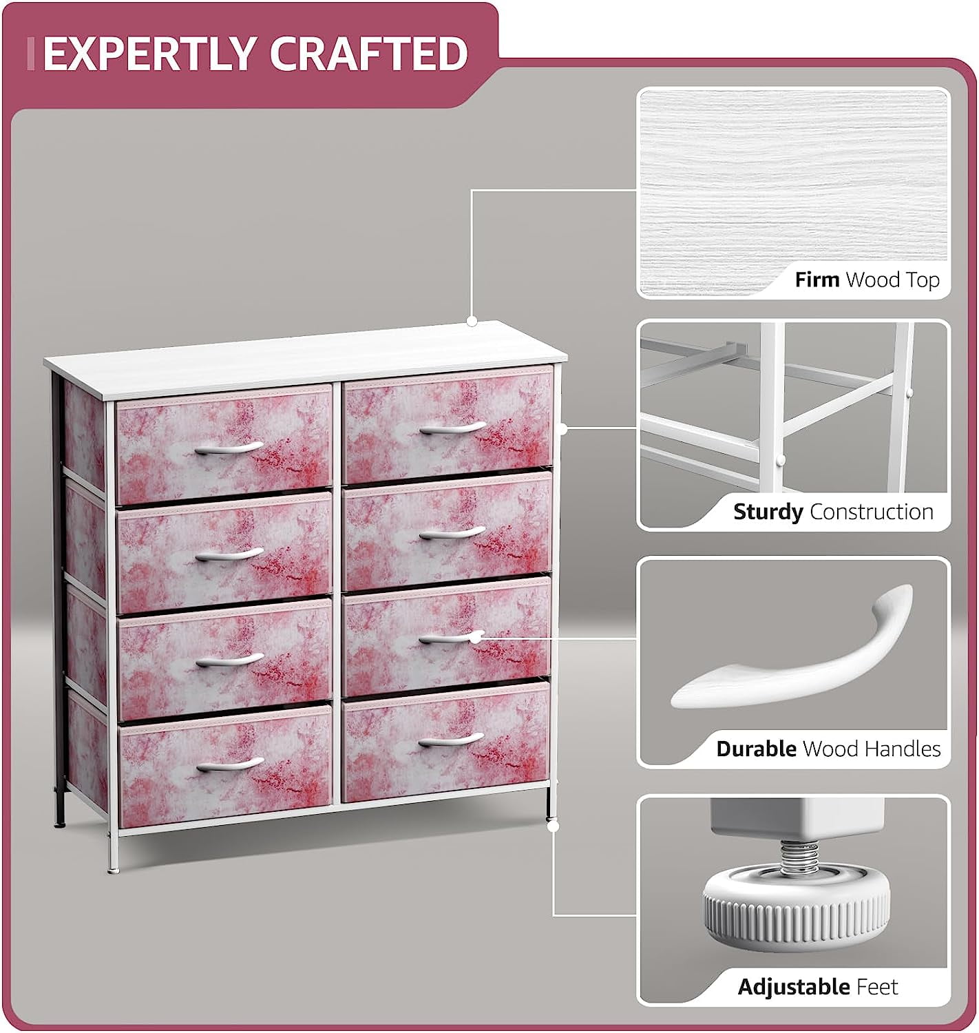 Sorbus Kids 8-Drawer Dresser Storage Tower, Steel Frame, Wood Top, Tie-Dye Pink