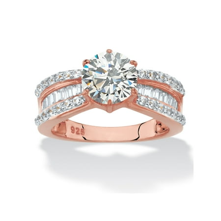 Cut Rose Cubic Zirconia Ring Round and Baguette-Cut Cubic Zirconia Engagement Ring 2.88 TCW in 18k Rose Gold-Plated Sterling Silver ()