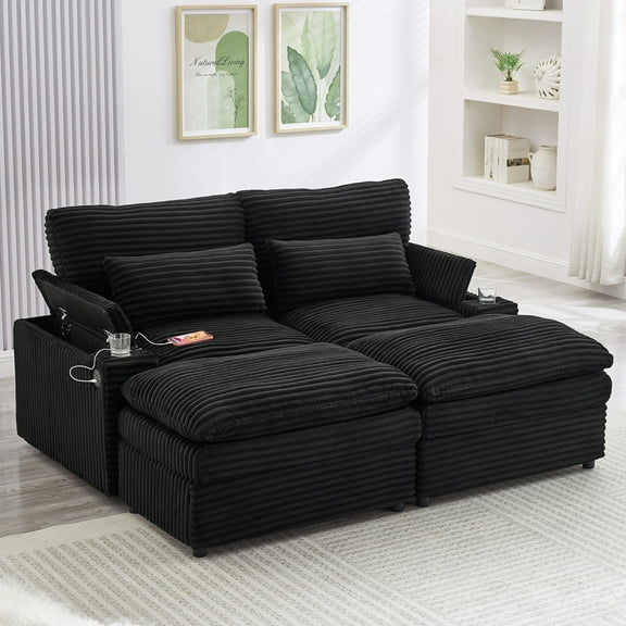 70" Sectional Sofa Couch with 2 Movable Ottomans, Comfy Corduroy Upholstered Convertible Couch with Cup Holders and Armrest Storage, Deep Seat Oversized Loveseat for Living Room, Black