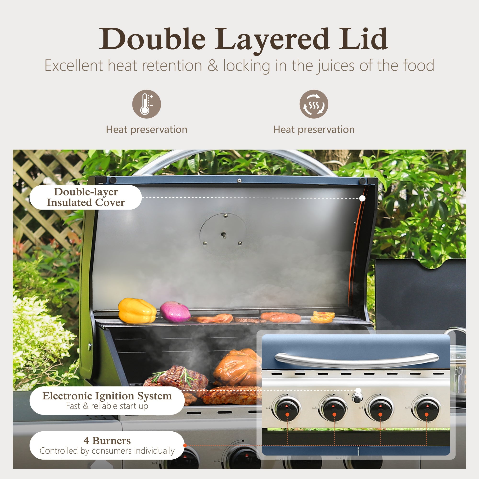 Alpha Joy 4-Burner Propane Gas BBQ Grill with Side Burner and Wheels 542 SQ.IN. Cooking Space, Blue