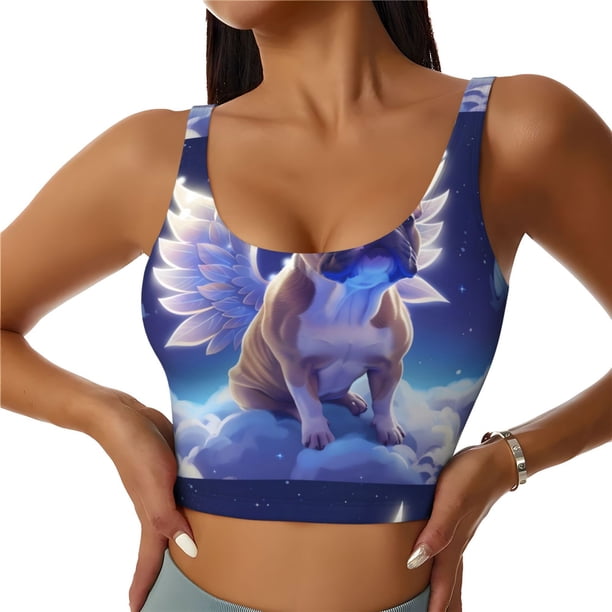 Fotbe Night Sky Winged French Bulldog Sujetador Deportivo Largo sin Aros para Mujer con Almohadillas y Soporte Medio, Transpirable y Absorbente, Camiseta Tipo Chaleco o Tank Top-XX-Large