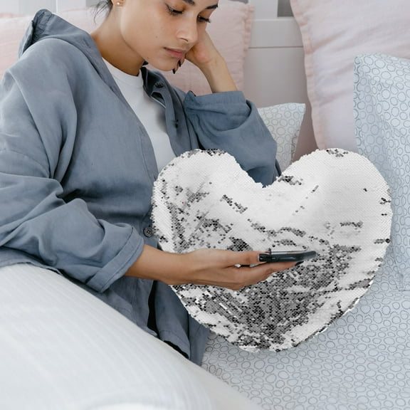 PAMINGONO 1Set Silver Heart Shaped Cushion Cover Sequin Design Pillow Case for Home Decor