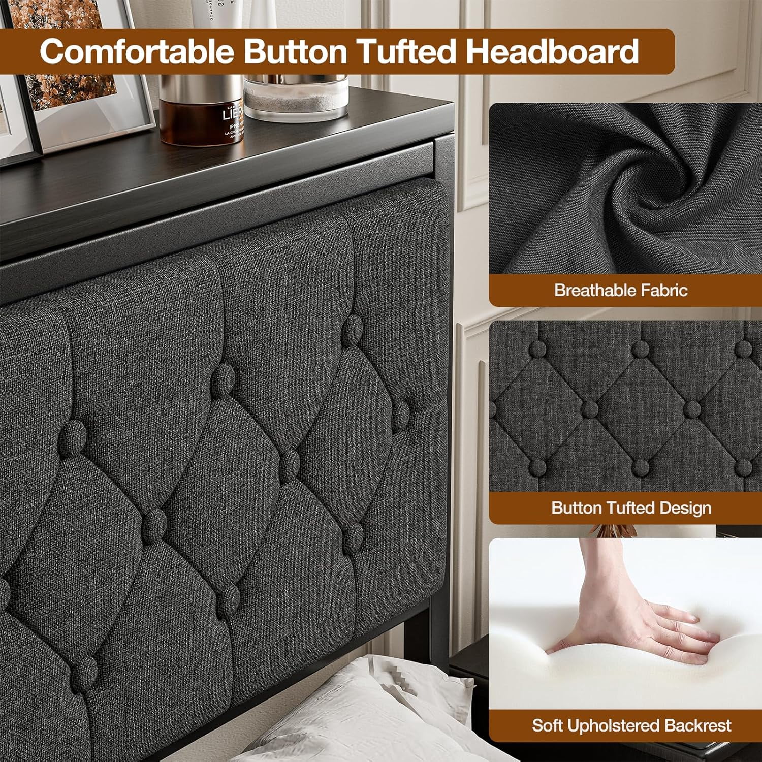 ARICOEASY Queen Size Storage Headboard with Charging Station, Upholstered Button Tufted Headboard, Easy Assembly, Dark Grey