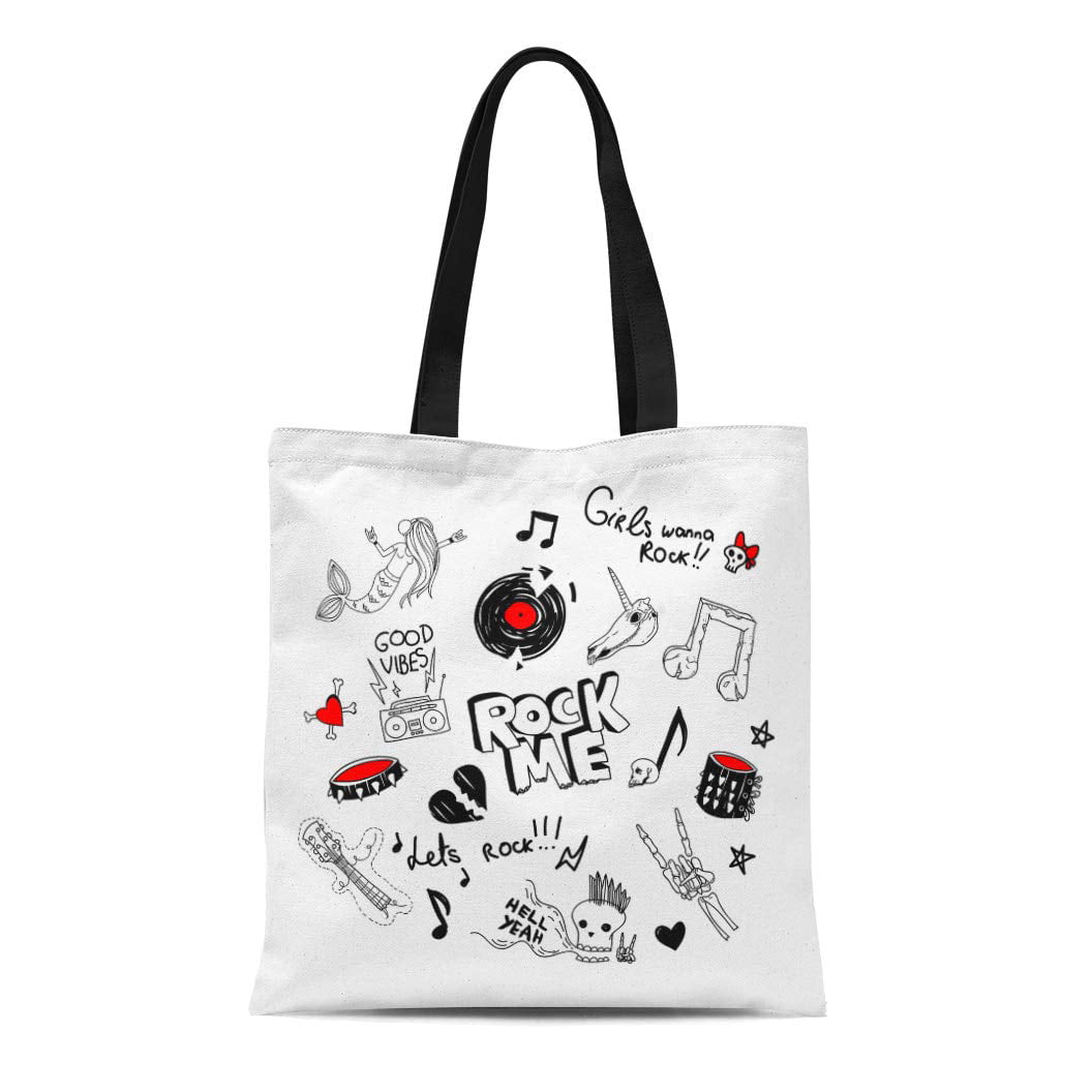 Canvas Tote Bag Cool Large of Retro 90S Funny Teen Rock Drawings Reusable Shoulder Grocery Shopping Bags Handbag -