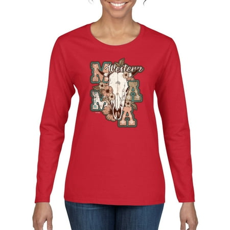 Wild Bobby Western Ma Steer Pink And Grey Distressed Pop Culture Women Graphic Long Sleeve Tee  Red  Large