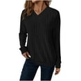 thumbnail image 3 of Women's V Neck Knitted T-Shirt Tops Blouses Long Sleeve Loose Fit Solid Color Plain Soft Casual Daily Wear Business Office Vacation Fashion Essential Gift for Women | Aestivo,Black L, 3 of 9