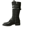 thumbnail image 2 of Willtoo Women's Mid Calf Boots Lace up Combat Boots Denim Leather Riding Motorcycle Long Booties Low Heel Gothic Motorcycle Flats Long Shoes Dark Gray, 2 of 3