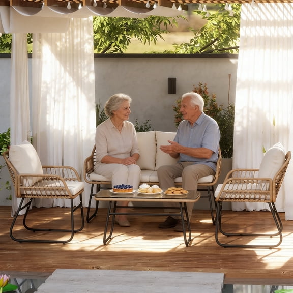 Melocadol 4 Piece Rattan Patio Furniture Set, Rattan Chairs and Table, Perfect for Backyard, Outdoor Living Spaces with Durable All-Season Cushions, Natural Rattan Beige Cushion