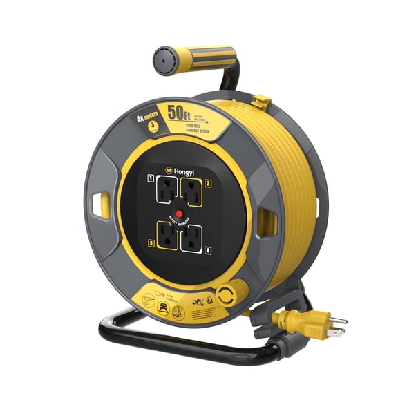 Hongyi Heavy Duty Extension Cord Reel 50ft,14AWGX3C,SJTW,4-Outlet,Yellow