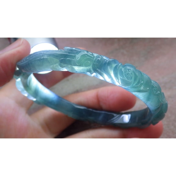 Certified Icy Green Pale Lavender Burma 100% Natural A JADE Jadeite Dragon Fish Coin Flower Ruyi Bangle Bracelet 58 mm 672440 TN
