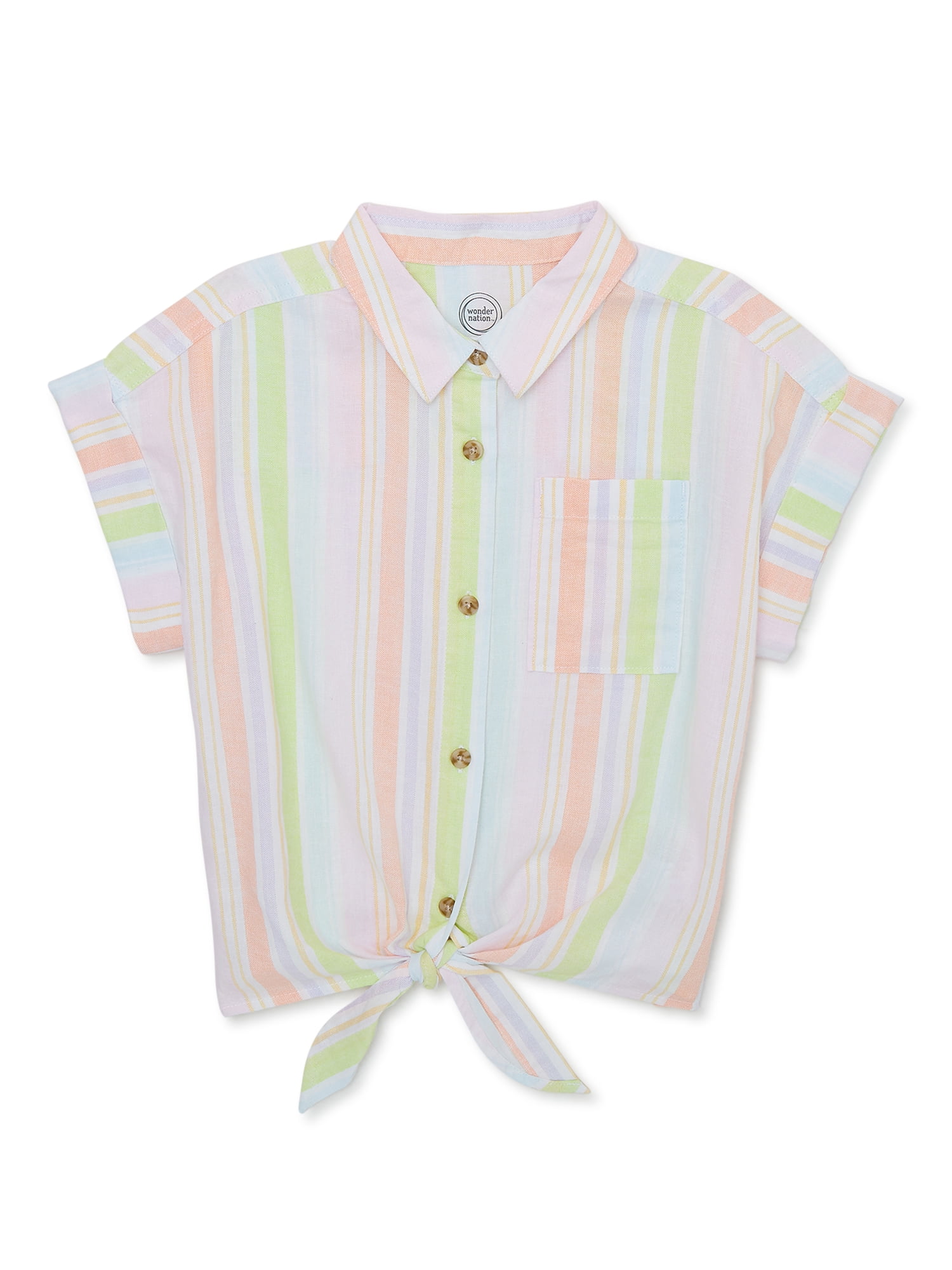 Wonder Nation Girls Short Sleeve Woven Tie-Front Camp Shirt, Sizes 4-18 & Plus