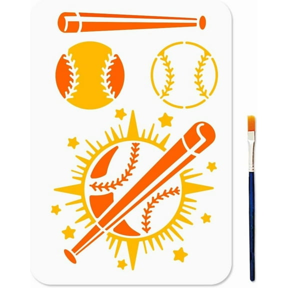 Baseballs Stencil Baseball Bat Template 11.7x8.3inch Reusable Sports Theme Stencils for Painting with Paint Brush Star Ball Templates for Wood Wall Window