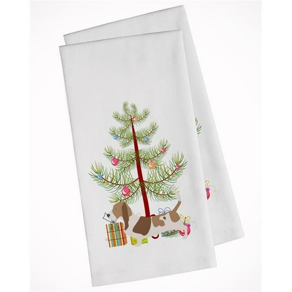 Basset Hound Merry Christmas Tree White Kitchen Towel - Set of 2