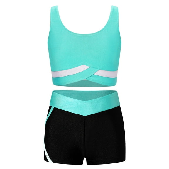 Nyeemya Kids Girls 2 Piece Dance Sports Outfits Crop Top with Booty Shorts Set for Gymnastics Dancing Blue Green 6