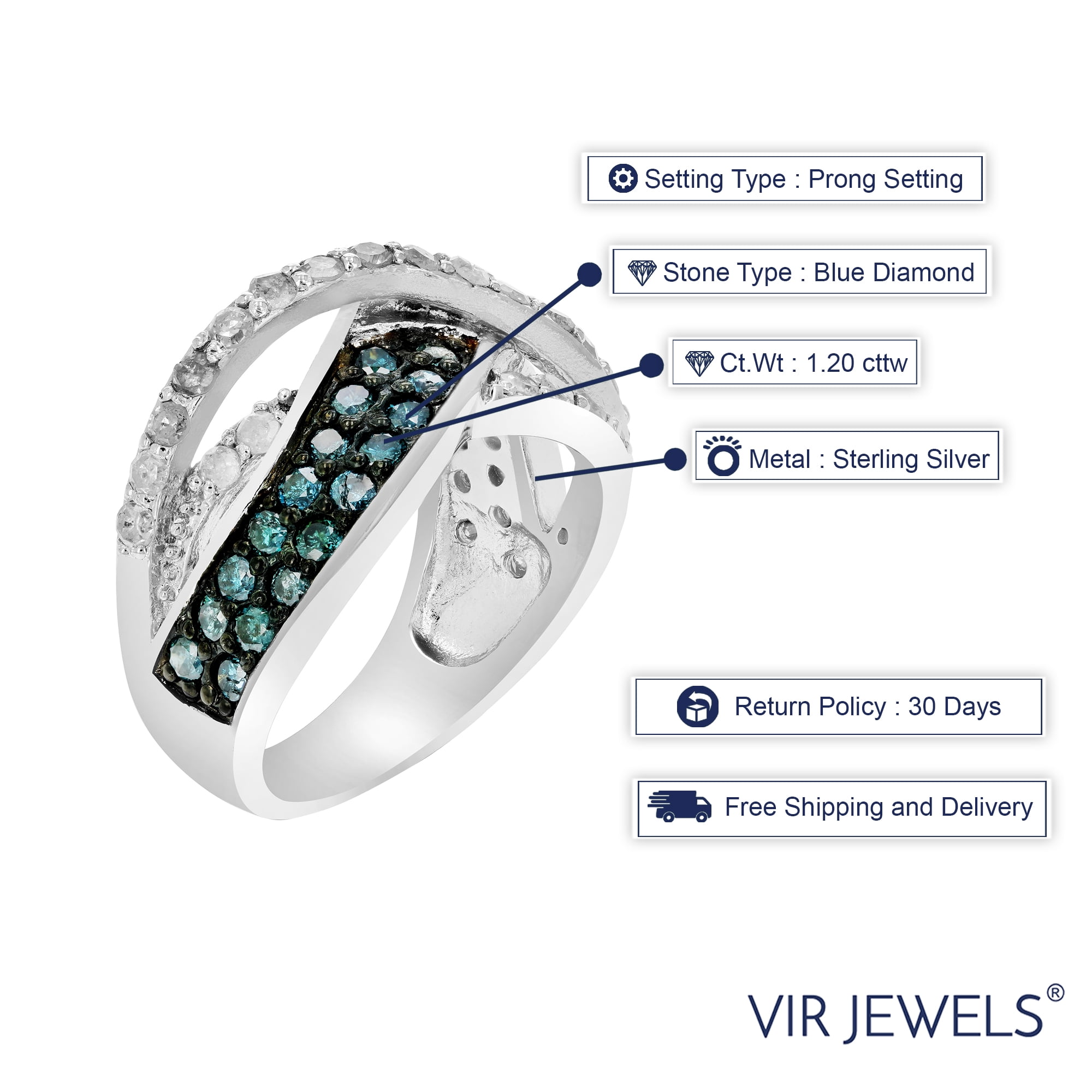 Vir Jewels 1.20 CTTW Blue and White Diamond Ring for Women .925 Sterling Silver with Rhodium
