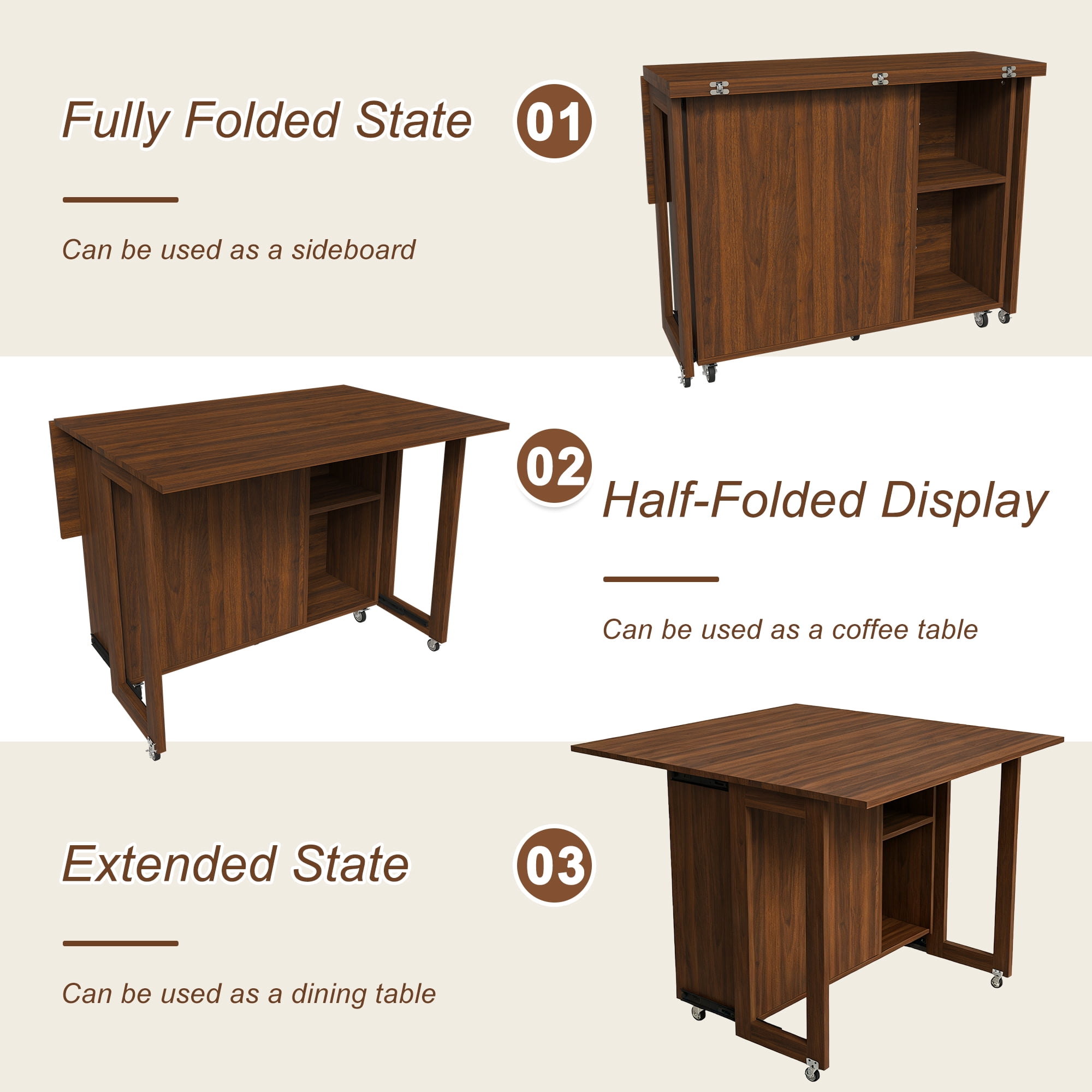 Mintazer 3‑in‑1 Folding Dining Table with 4 Large Storage Shelves & Storage Compartments, Multi‑Mode Convertible Table Cabinet with Lockable Wheels for Small Space Kitchen Apartment, Wlanut