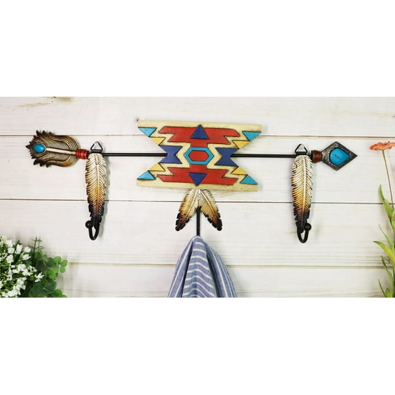 Southwestern Aztec Turquoise Arrow Feathers 3-Pegs Wall Hooks Decor