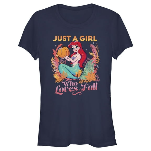 Junior's Disney Ariel Just a Girl Who Loves Fall Graphic Tee Navy Blue 2X Large