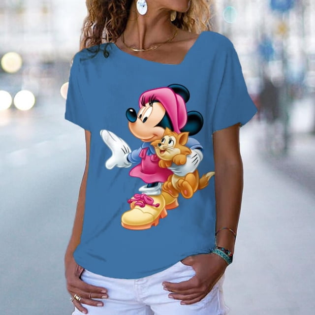 Tee Shirt Femme Oblique V-neck Women Clothes Summer Casual Disney Mickey Mouse Tshirts Short Sleeve Tops Korean Woman Y2k TopsXL Gao Jinjia LED