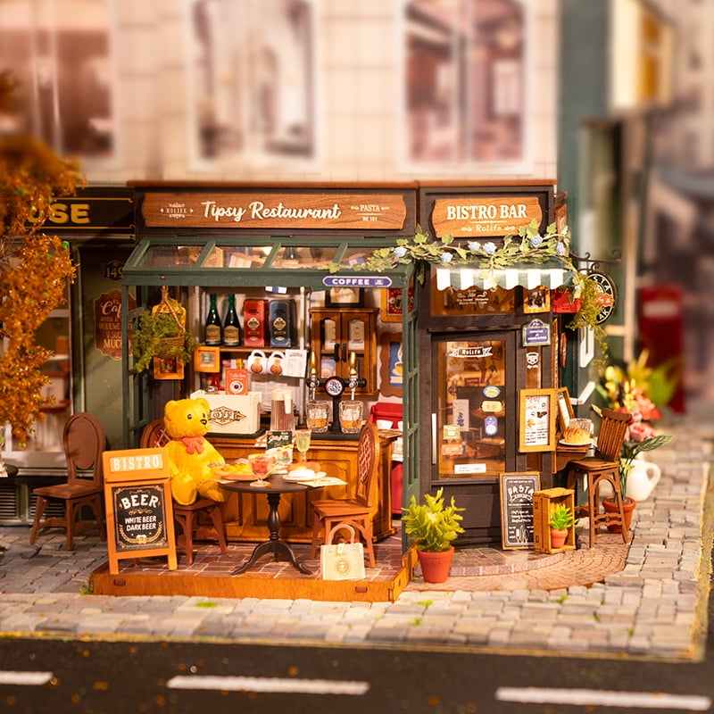 ROBOTIME Tipsy Restaurant DIY Miniature House Kit,Mini Wooden Dollhouse Building Sets,Tiny Home Craft Kits for Desk Decor, Gifts for Adults Teens