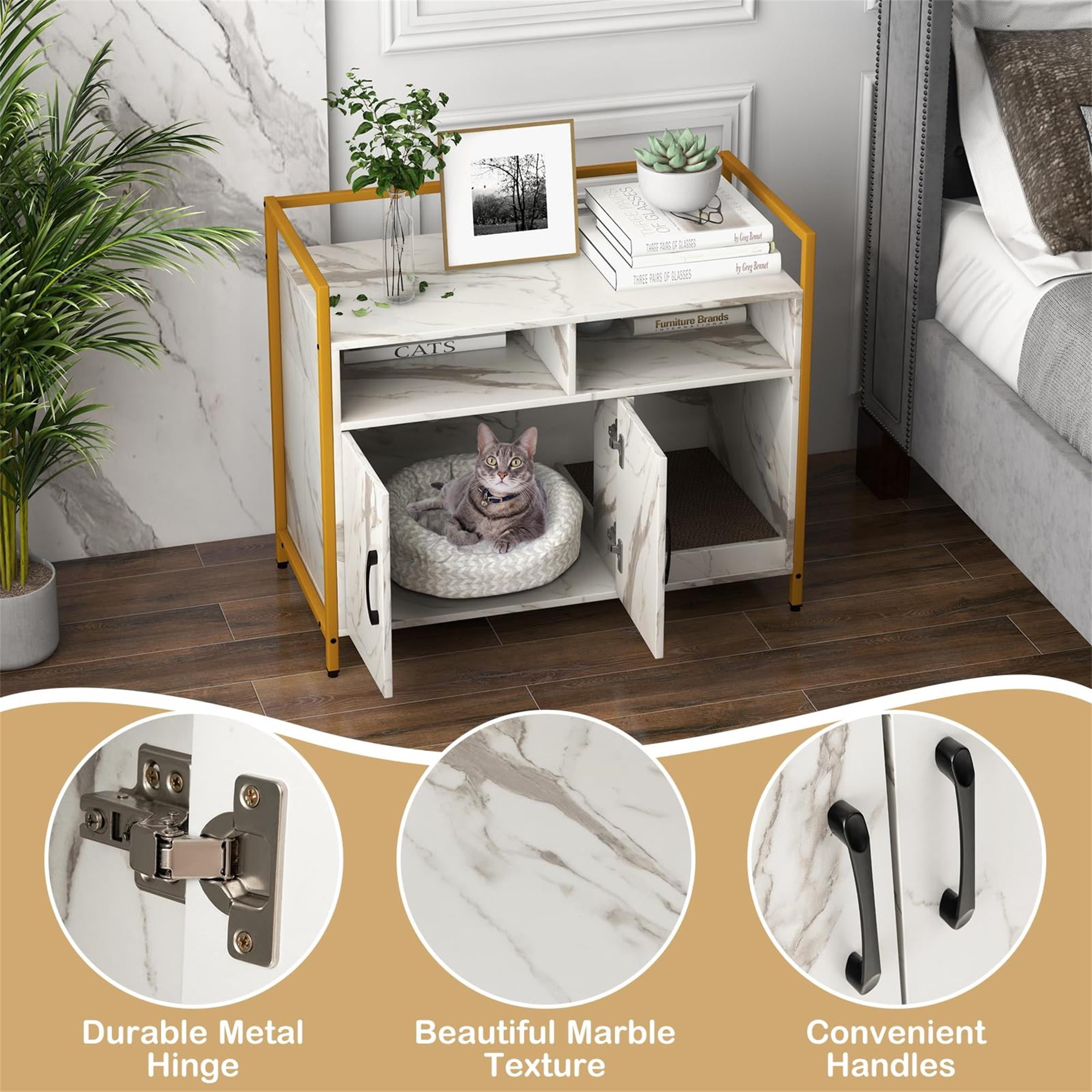 Kadyn 35" Hidden Cat House Washroom with 2-Doors and Scratch Cardboard, Wooden Cat Litter Box Enclosure Furniture, White