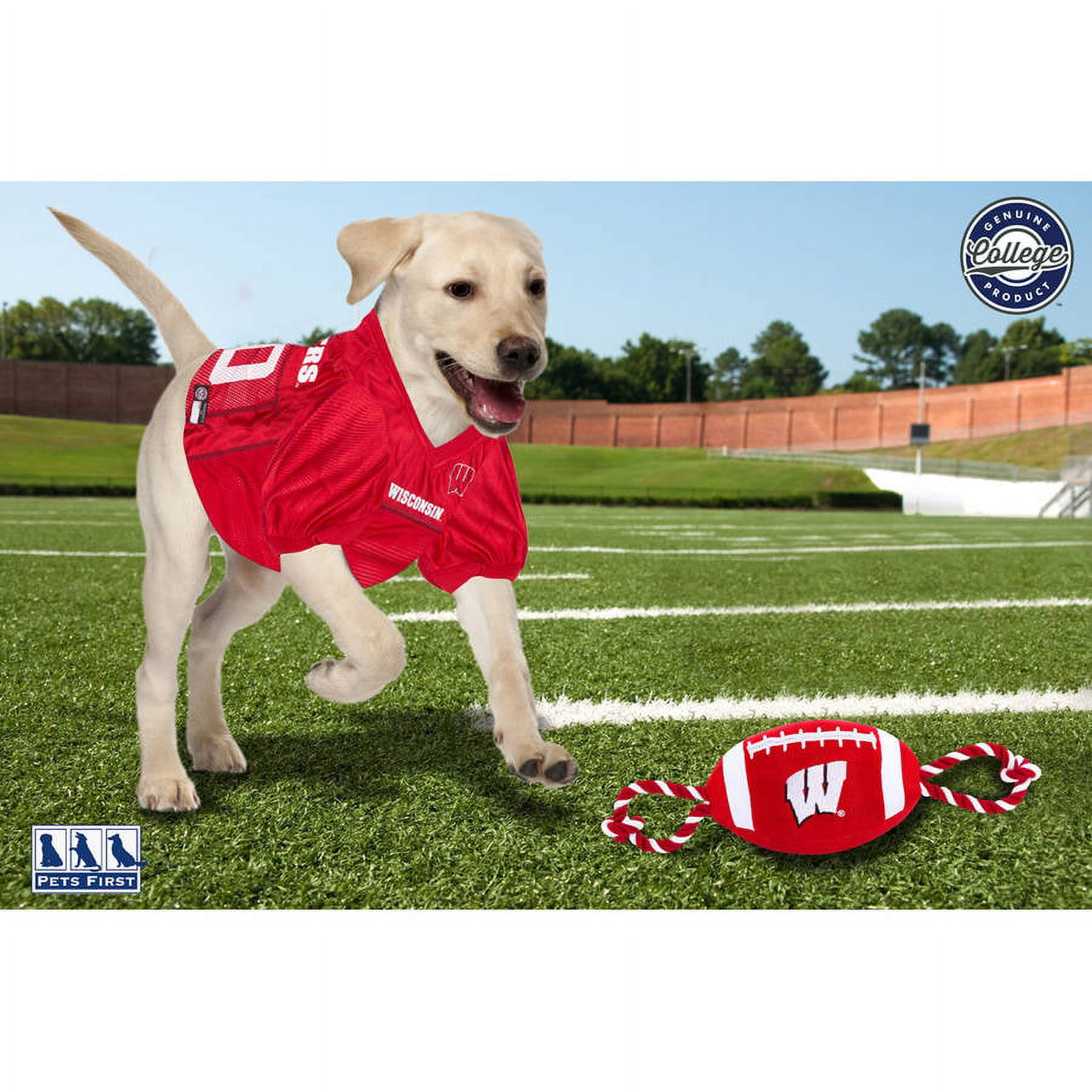 Pets First NCAA Wisconsin Badgers Strong, Durable, Chewable Football Dog Toy with Inner Squeaker and Side Ropes, Officialy Licensed