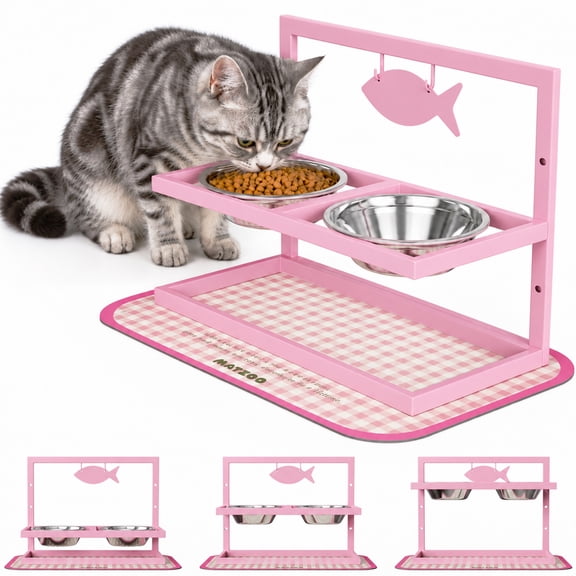 Geawokyie Elevated Cat Bowls, Adjustable Height Cat Feeder Stand with 2 Stainless Steel Food & Water Bowls, 3 Heights Raised Cat Feeding Station with Non-Slip Mat for Kittens to Adult Cats, Pink