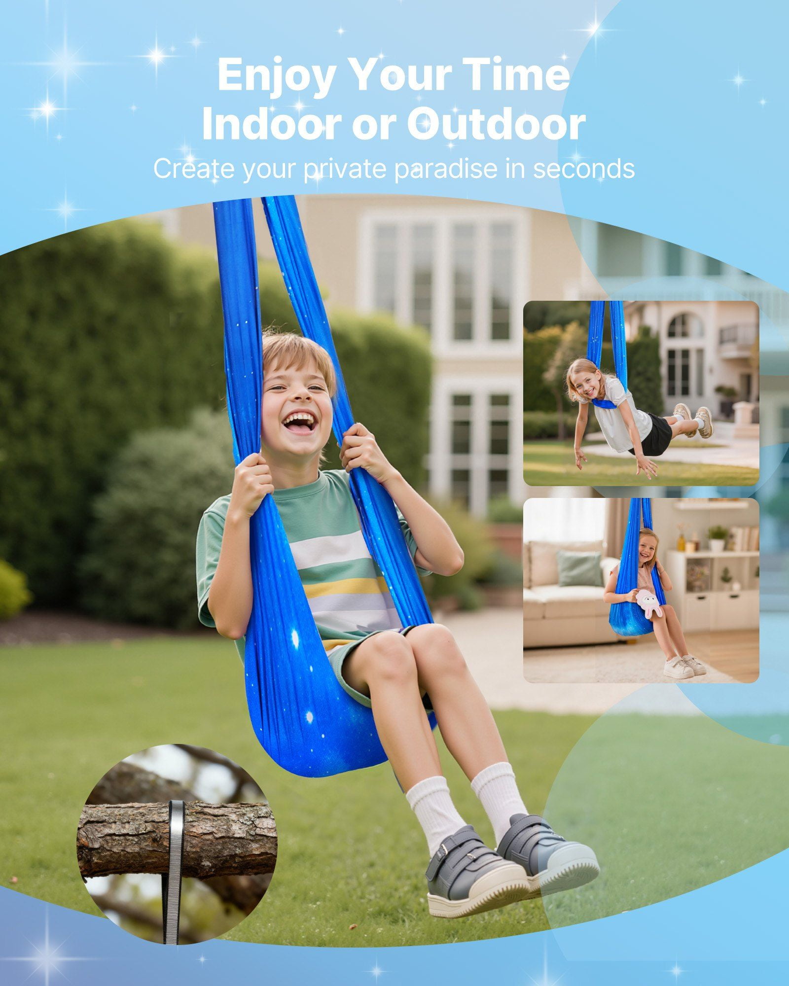 Sensory Swing Double Layer Fabric Hammock Indoor Outdoor 360 Degree Swivel Hanger O Sling Holds 300lbs Adjustable Aerial Yoga Hanging Swing for Kids