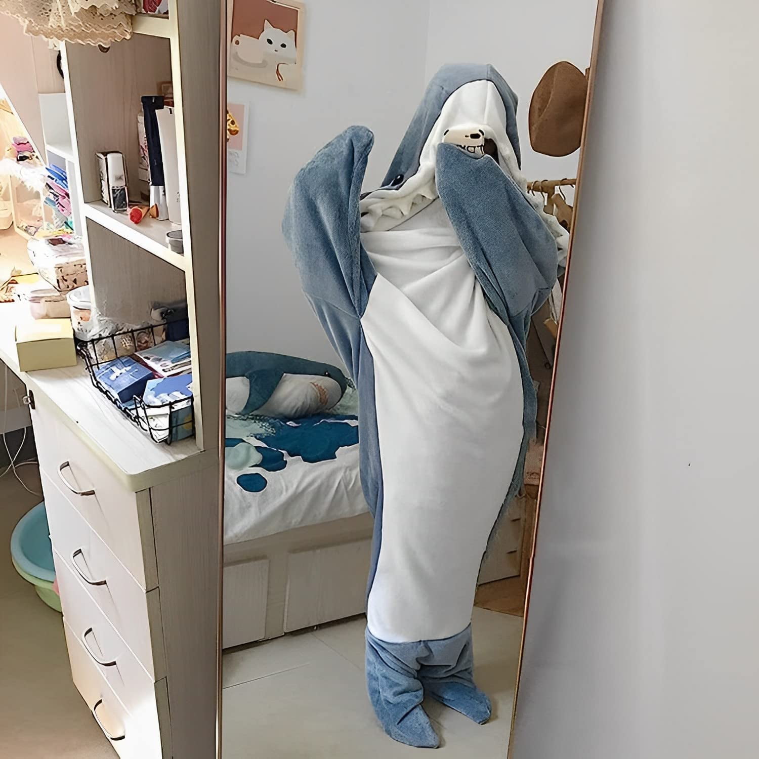 Shark Blanket Hoodie Onesie, Blue Wearable Sleeping Bag for Adults, Soft Cozy Costume, L