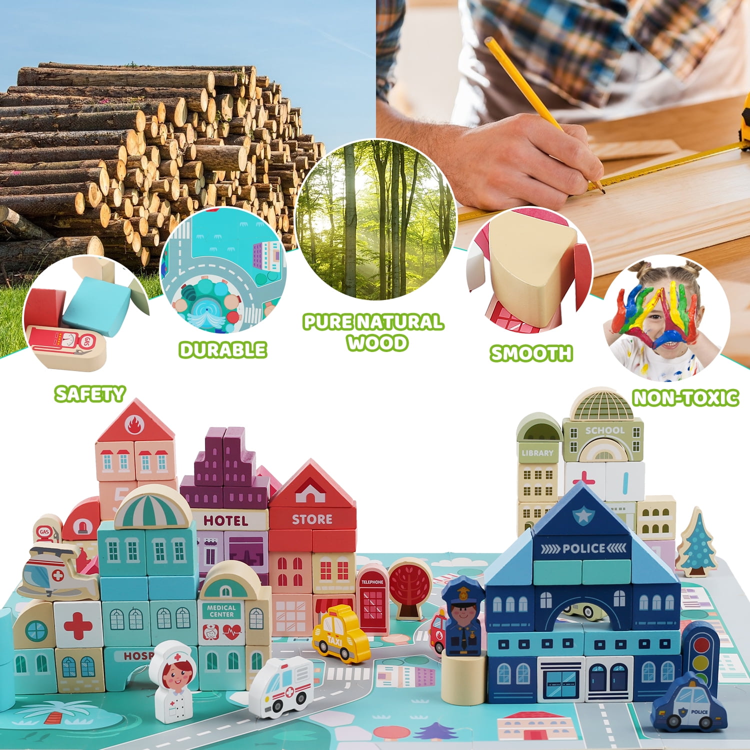 Kesletney Wooden Building Blocks City Construction Stacking Toys for Toddlers 3-8 Year Old, 100 Pcs