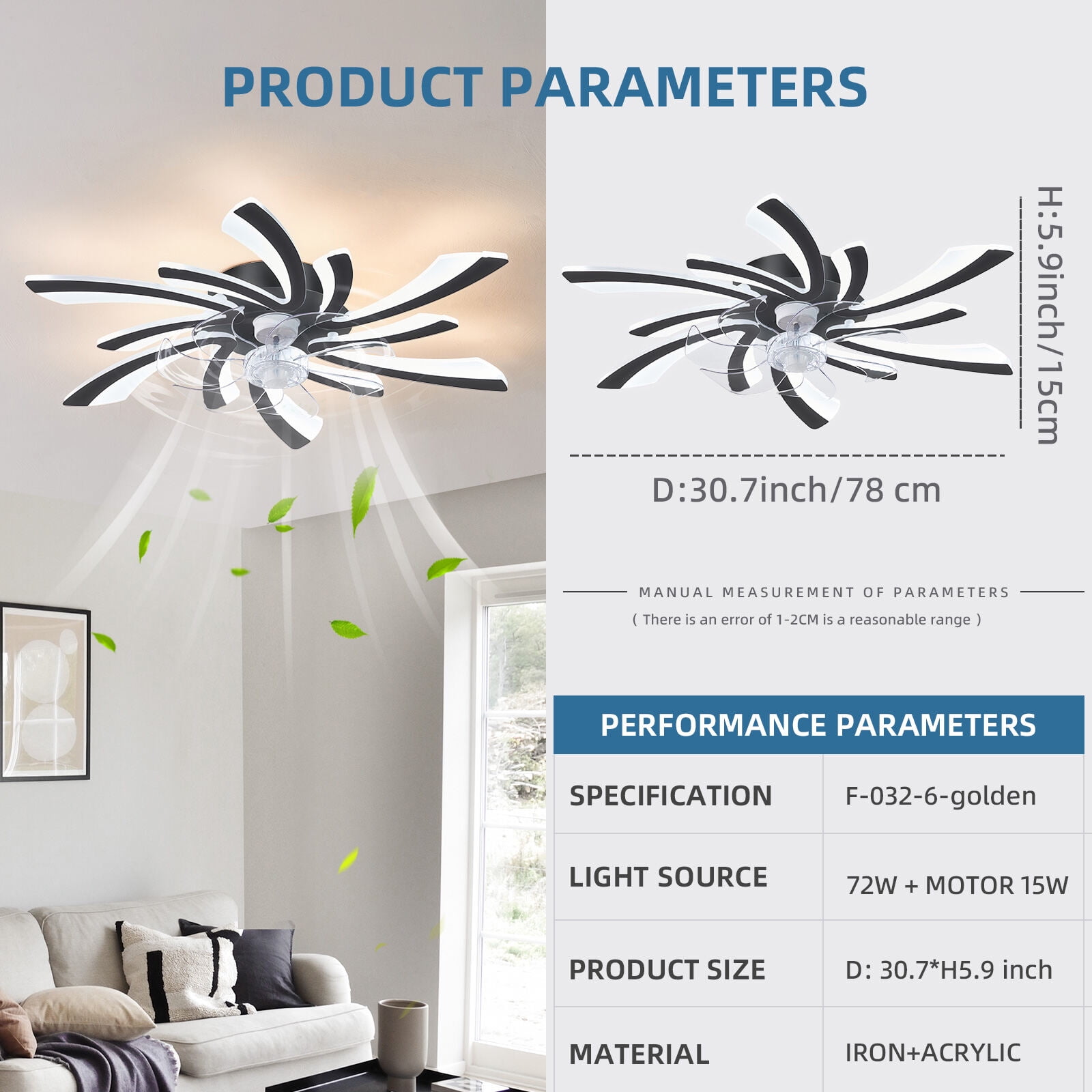 30.7" Black Ceiling Fan with Light, Remote Control 3-Color Temperature & 6-Speed Flush Mount Fan (30.7"L x 30.7"W x 5.9"H)