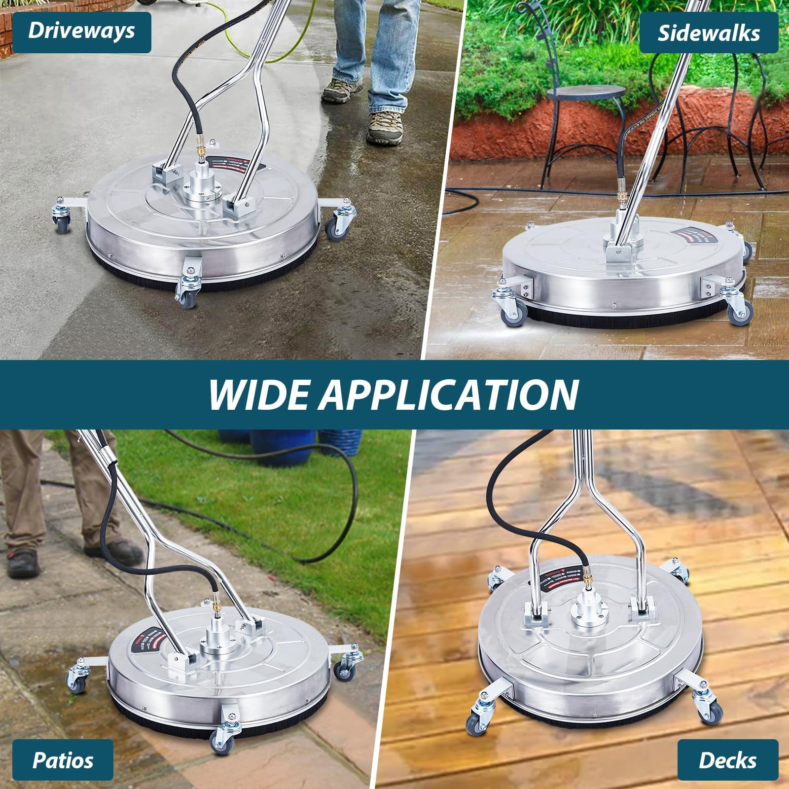 Luku 24" Pressure Washer Surface Cleaner with Dual Handle, 4 Wheels, 3/8" Quick Connect, 2 Replacement Nozzles, Stainless Steel Power Washer Surface Cleaner for Driveway Sidewalk Patio 4000 PSI