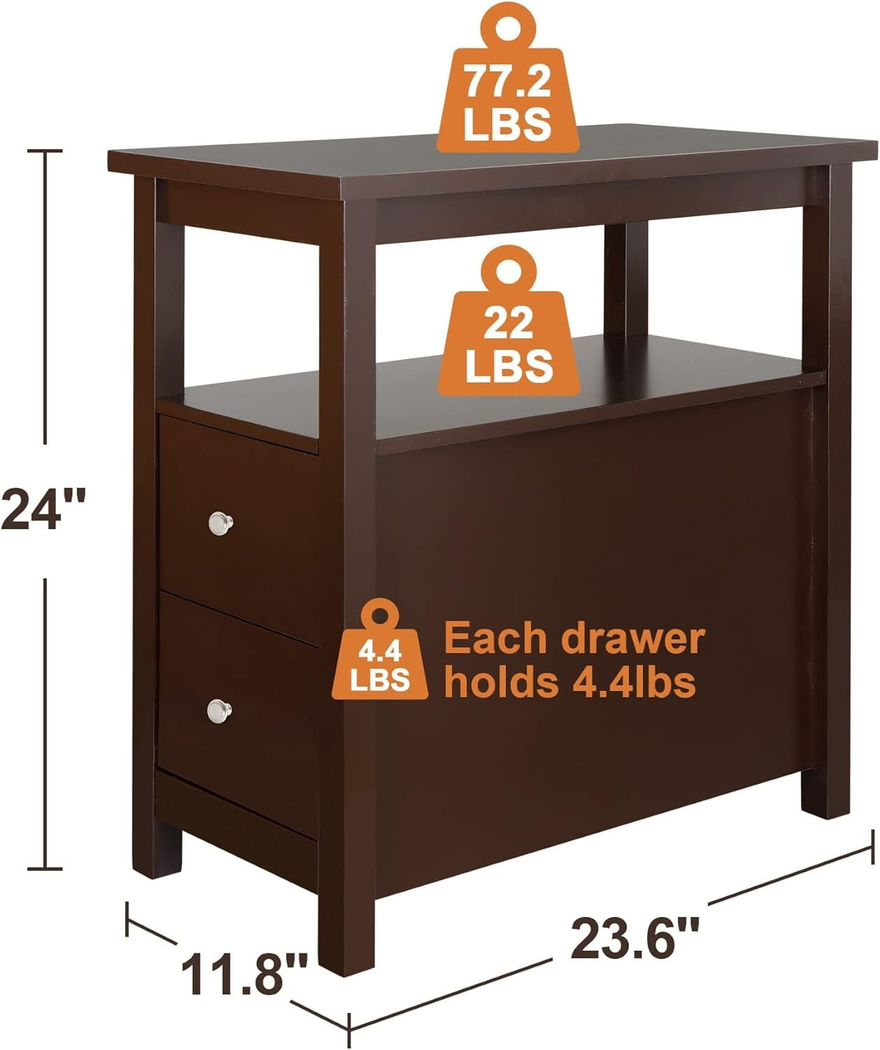 HomGarden 2 Drawers Wood End Table Narrow Sofa Side Table W/Storage for Living Room Bedroom, Brown