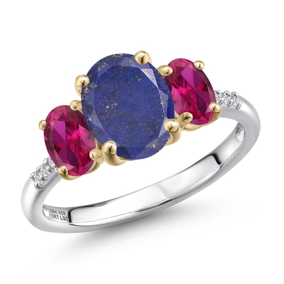 Gem Stone King 925 Silver and 10K Yellow Gold Blue Lapis and Red Created Ruby and Lab Grown Diamond Engagement Ring for Women | 3.06 Cttw | Oval 9X7MM | Birthstone | Size 6