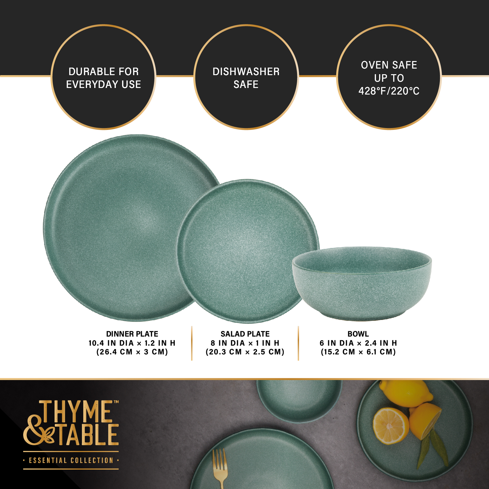 Thyme & Table 12-Piece Stoneware Dinnerware Set, Caspian Green - image 4 of 6