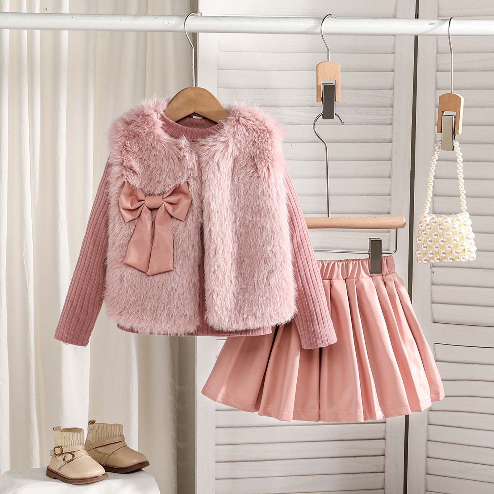 MEZZALL Girls Outfits Set Vest Long Sleeve Round Neck Tops PU Leather Pleated Skirt 3 Piece Outfits For Toddler Kids Birthday Cartoon Clothing