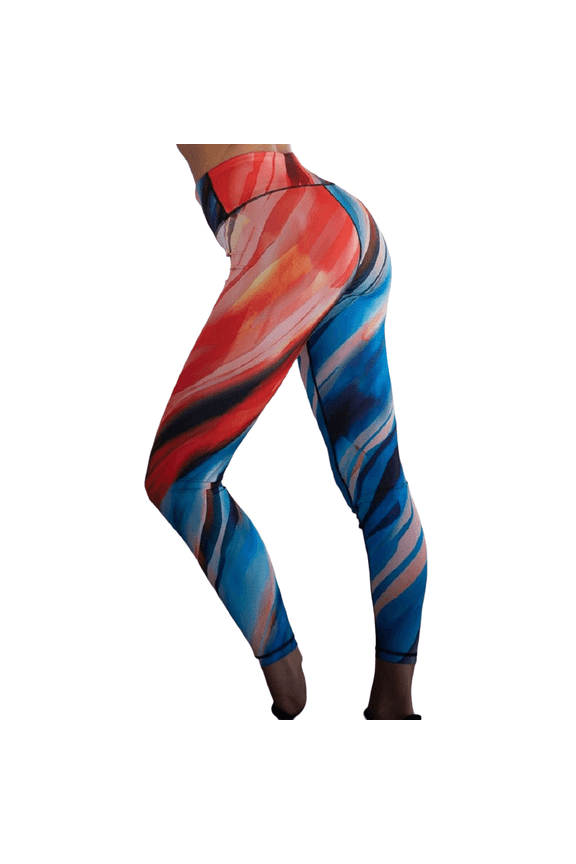 Women's Geometric/Art Printed Activewear Leggings - Watercolor Red/ Blue, L